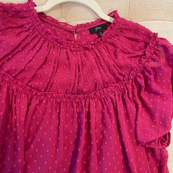 Jcrew raspberry Gathered Bib Top in Drapey Swiss Dot short sleeve shirt - Picture 6 of 10